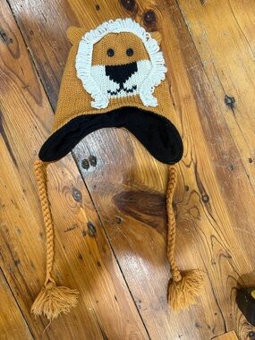 Winter Hat Mustard Knit Lion Beanie with Ivory Loop Mane Fleece Lined